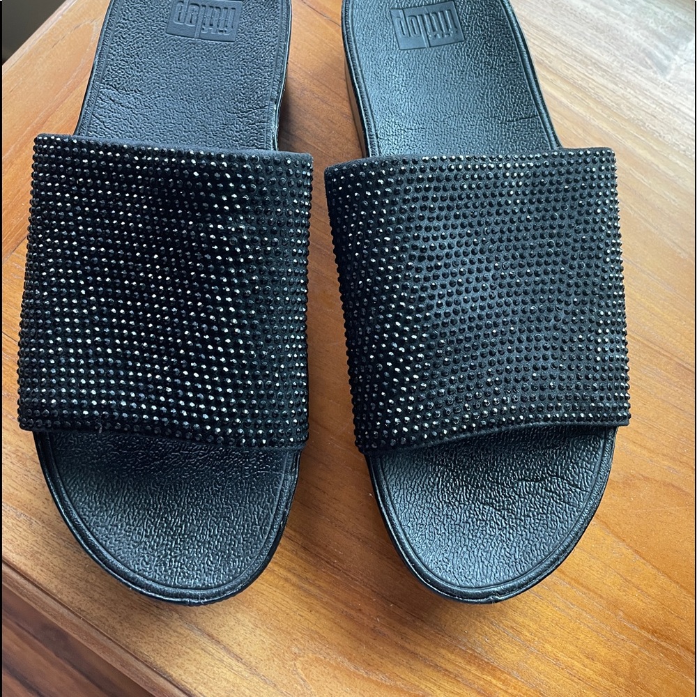 Fit Flop slippers. Black with tiny black crystals. Size 10-11 (US)